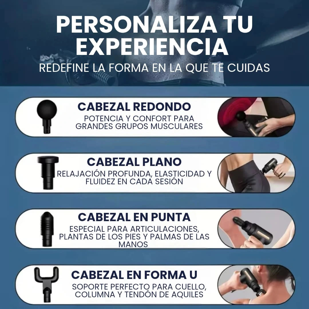 Pistola de Masaje Portátil 4 Cabezales para Alivio Rápido