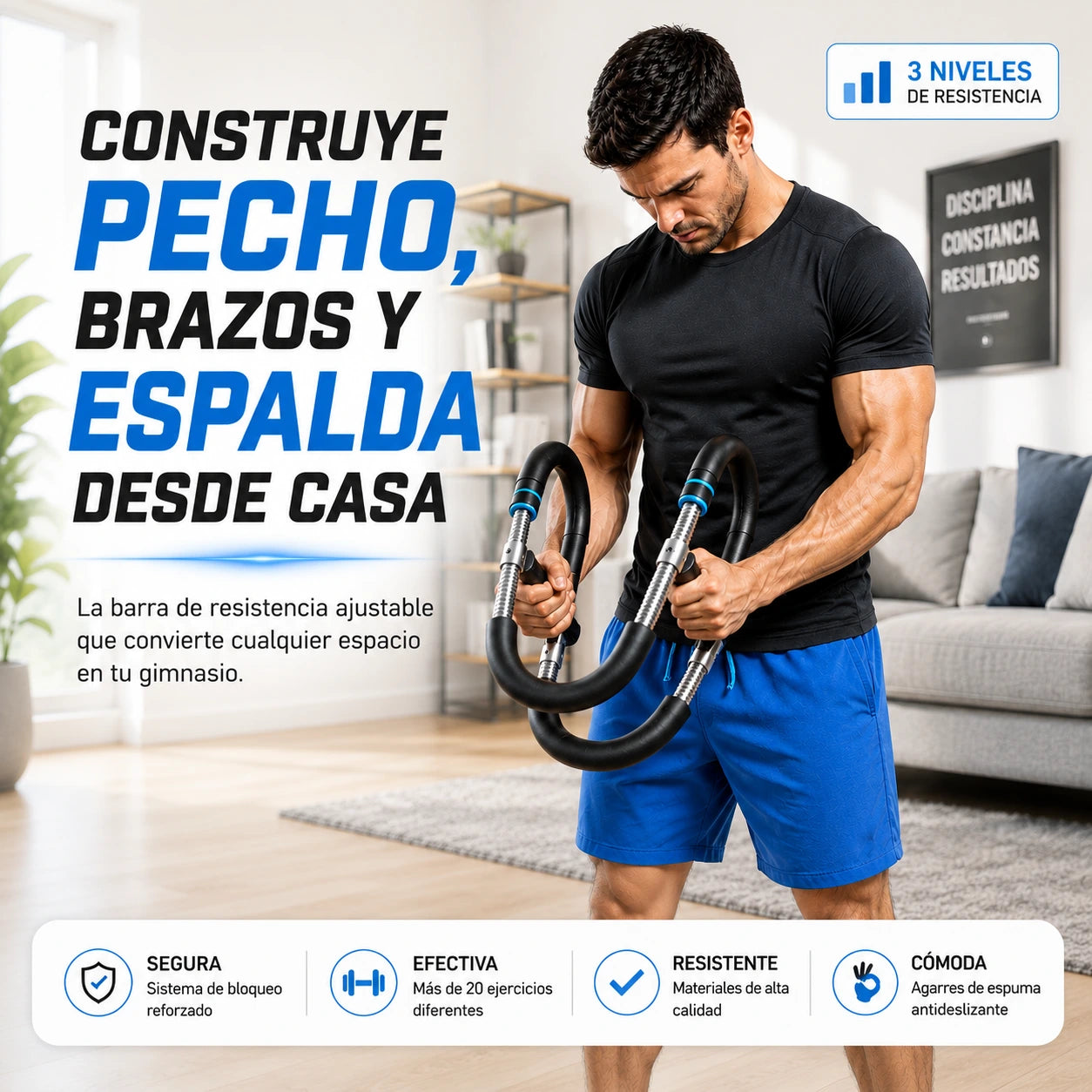 Ejercitador de Brazos, Pecho, Espalda con Resistencia Ajustable Entrenamiento Portátil