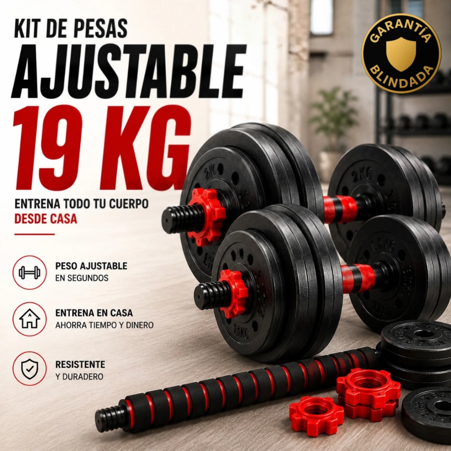 Equipo de Pesas Ajustable 3 en 1 Mancuernas, Barra Recta y Barra Larga con 12 Discos Ejercicio en Casa