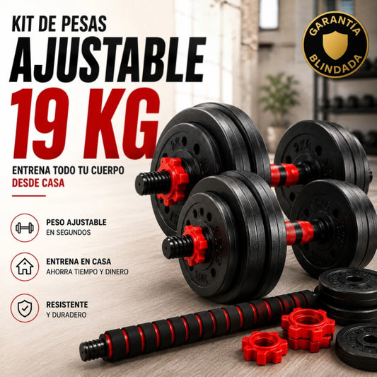 Equipo de Pesas Ajustable 3 en 1 Mancuernas, Barra Recta y Barra Larga con 12 Discos Ejercicio en Casa