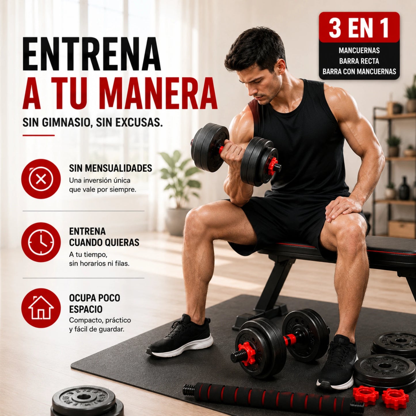 Equipo de Pesas Ajustable 3 en 1 Mancuernas, Barra Recta y Barra Larga con 12 Discos Ejercicio en Casa