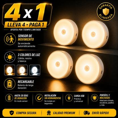 🎁4x1 Luz Led Recargable con Sensor Movimiento (Paga 1, Recibe 4)