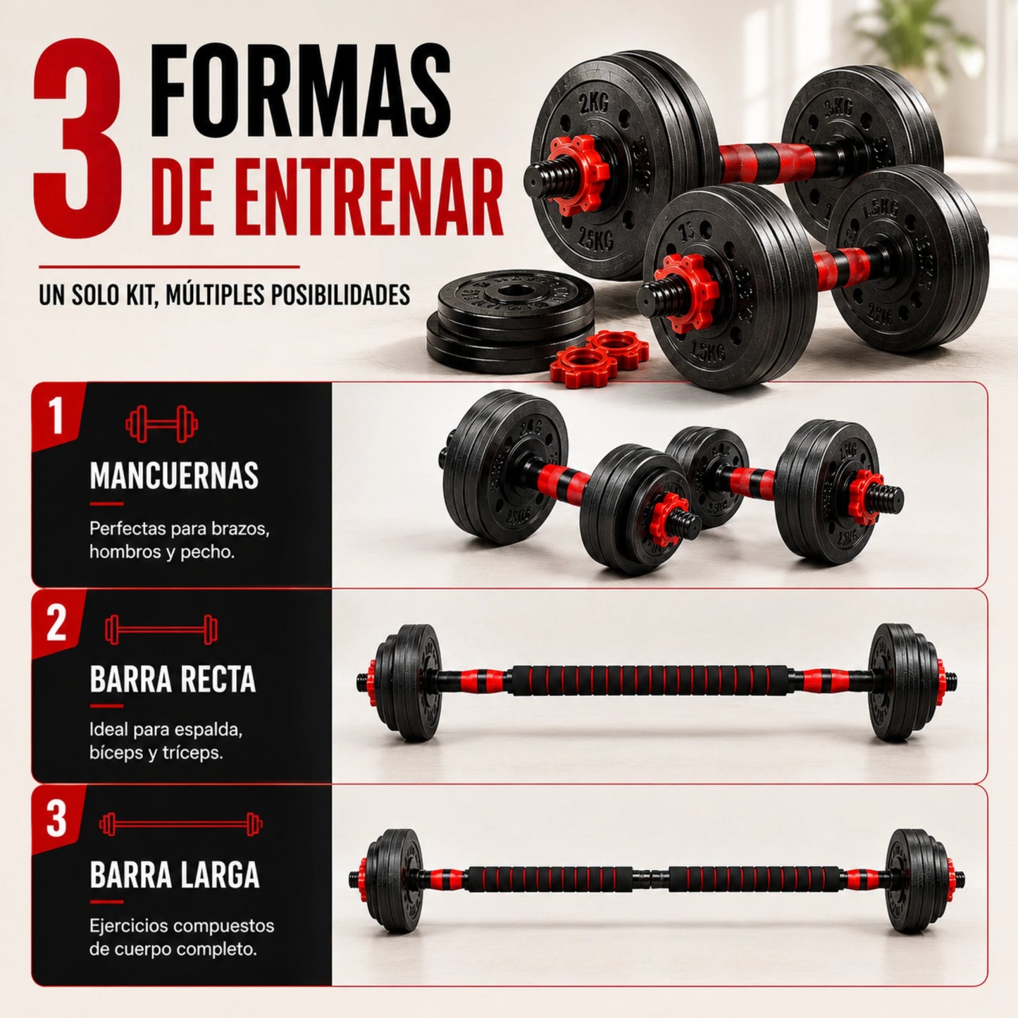 Equipo de Pesas Ajustable 3 en 1 Mancuernas, Barra Recta y Barra Larga con 12 Discos Ejercicio en Casa
