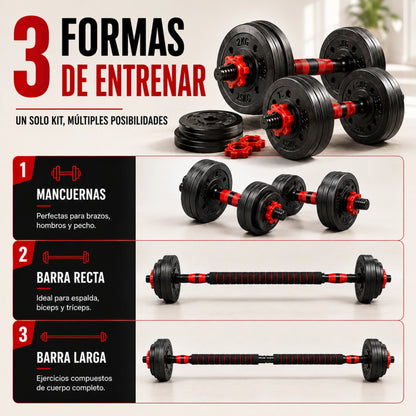 Equipo de Pesas Ajustable 3 en 1 Mancuernas, Barra Recta y Barra Larga con 12 Discos Ejercicio en Casa