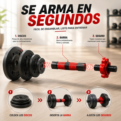 Equipo de Pesas Ajustable 3 en 1 Mancuernas, Barra Recta y Barra Larga con 12 Discos Ejercicio en Casa