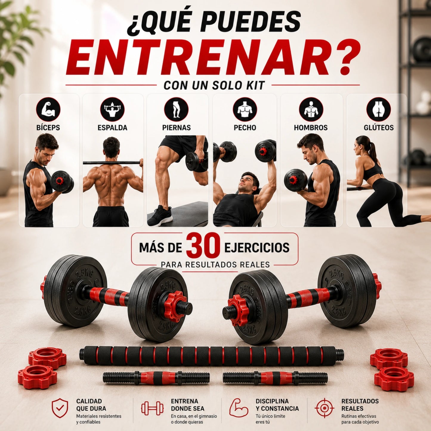 Equipo de Pesas Ajustable 3 en 1 Mancuernas, Barra Recta y Barra Larga con 12 Discos Ejercicio en Casa