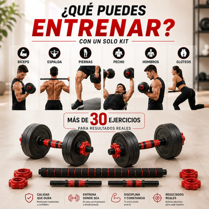 Equipo de Pesas Ajustable 3 en 1 Mancuernas, Barra Recta y Barra Larga con 12 Discos Ejercicio en Casa