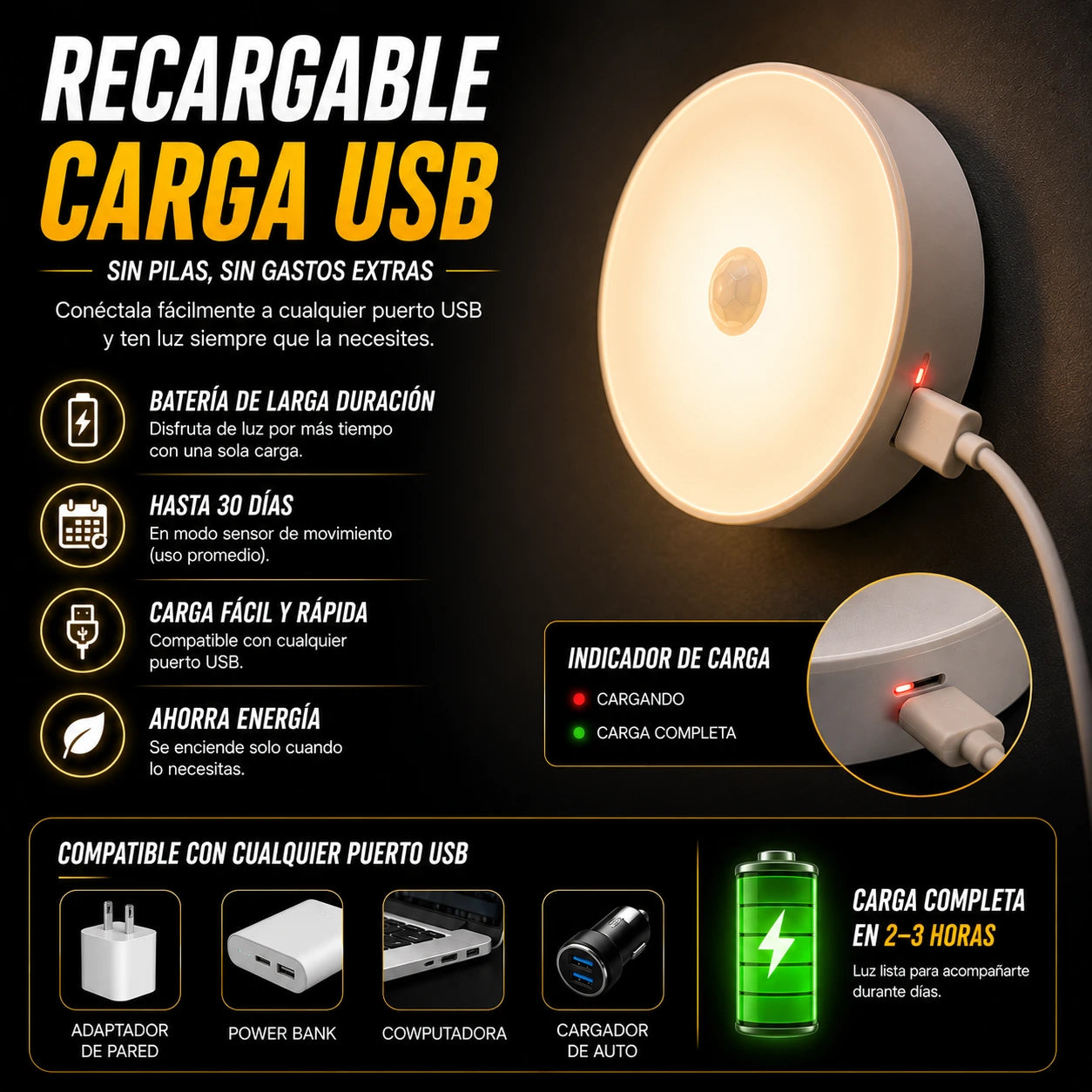 🎁4x1 Luz Led Recargable con Sensor Movimiento (Paga 1, Recibe 4)