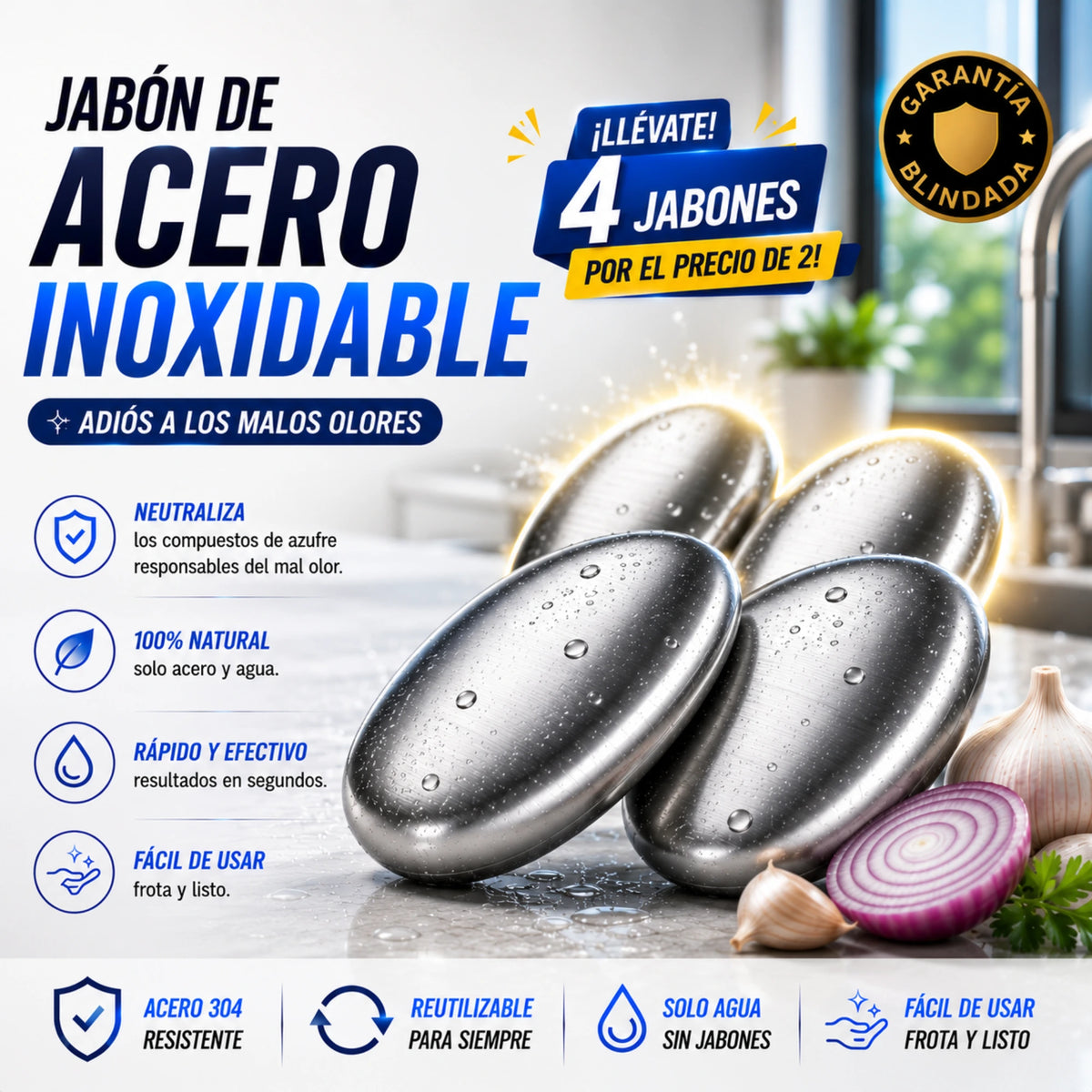🎁4x2 Jabón Eterno Mágico Acero Inoxidable Neutraliza Malos Olores para Cocina y Baño (Recibe 4, Paga 2)