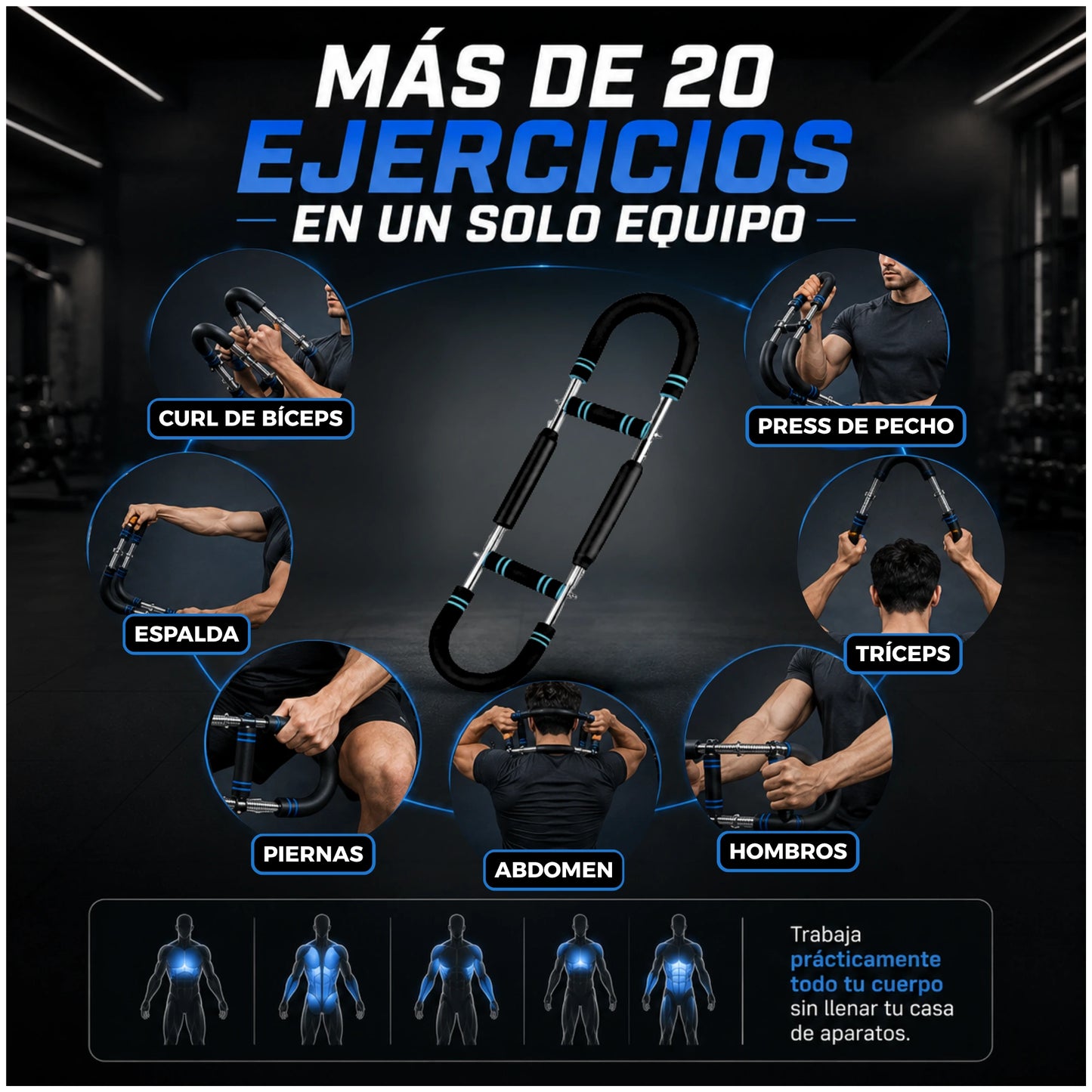 Ejercitador de Brazos, Pecho, Espalda con Resistencia Ajustable Entrenamiento Portátil