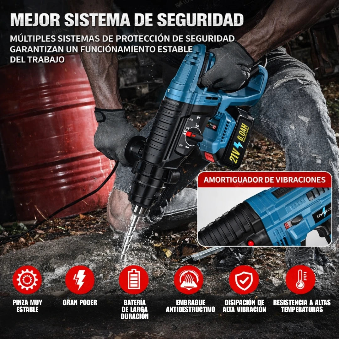 Rotomartillo Profesional Inalámbrico Taladro Cincel Alta Potencia para Concreto (2 Baterías)