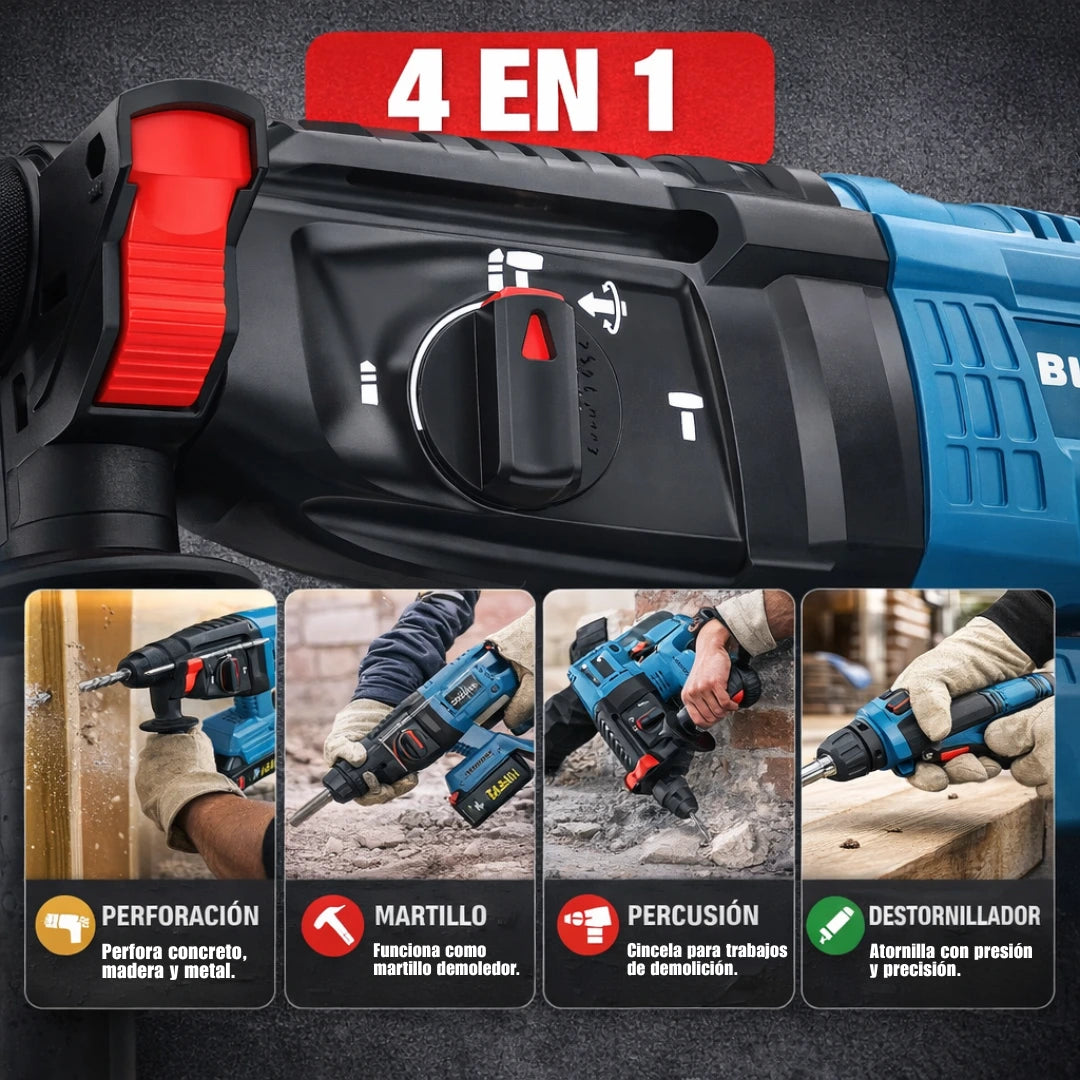 Rotomartillo Profesional Inalámbrico Taladro Cincel Alta Potencia para Concreto (2 Baterías)