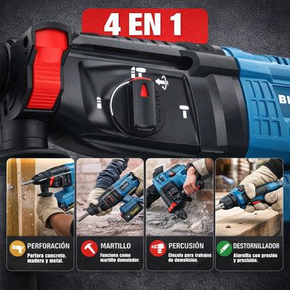 Rotomartillo Profesional Inalámbrico Taladro Cincel Alta Potencia para Concreto (2 Baterías)