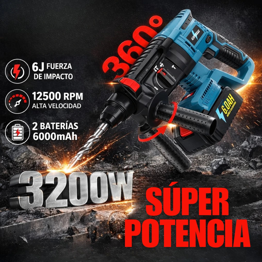 Rotomartillo Profesional Inalámbrico Taladro Cincel Alta Potencia para Concreto (2 Baterías)