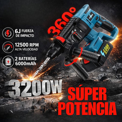 Rotomartillo Profesional Inalámbrico Taladro Cincel Alta Potencia para Concreto (2 Baterías)
