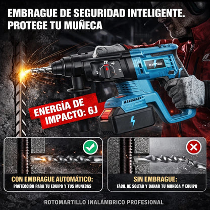 Rotomartillo Profesional Inalámbrico Taladro Cincel Alta Potencia para Concreto (2 Baterías)