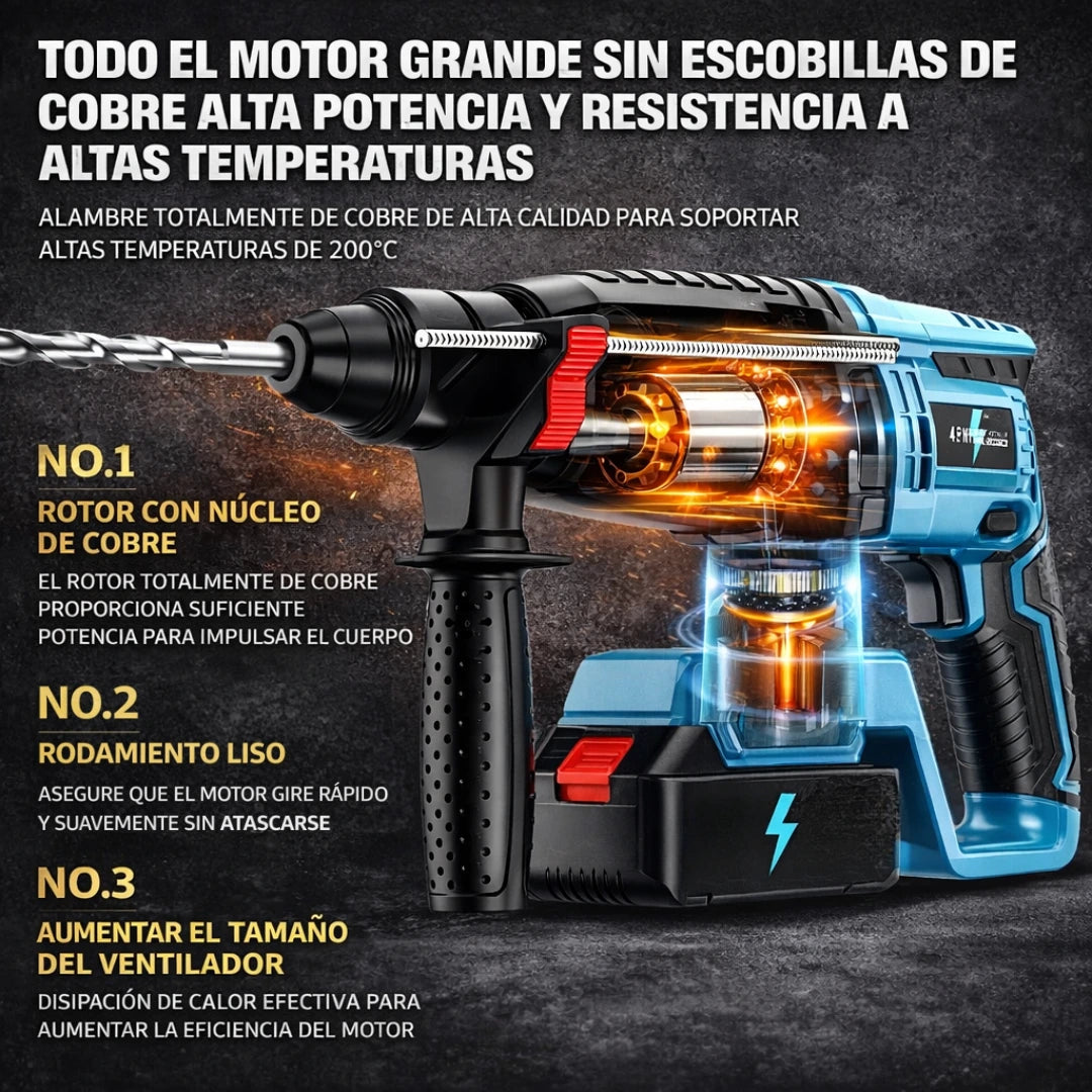 Rotomartillo Profesional Inalámbrico Taladro Cincel Alta Potencia para Concreto (2 Baterías)