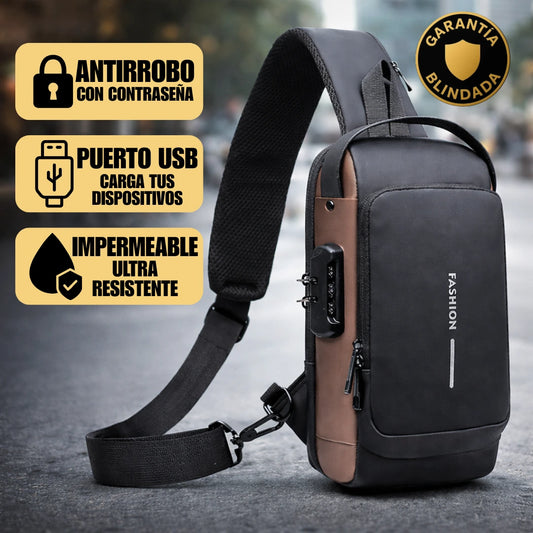Mochila Antirrobo Cruzada Impermeable con Bloqueo y Puerto USB