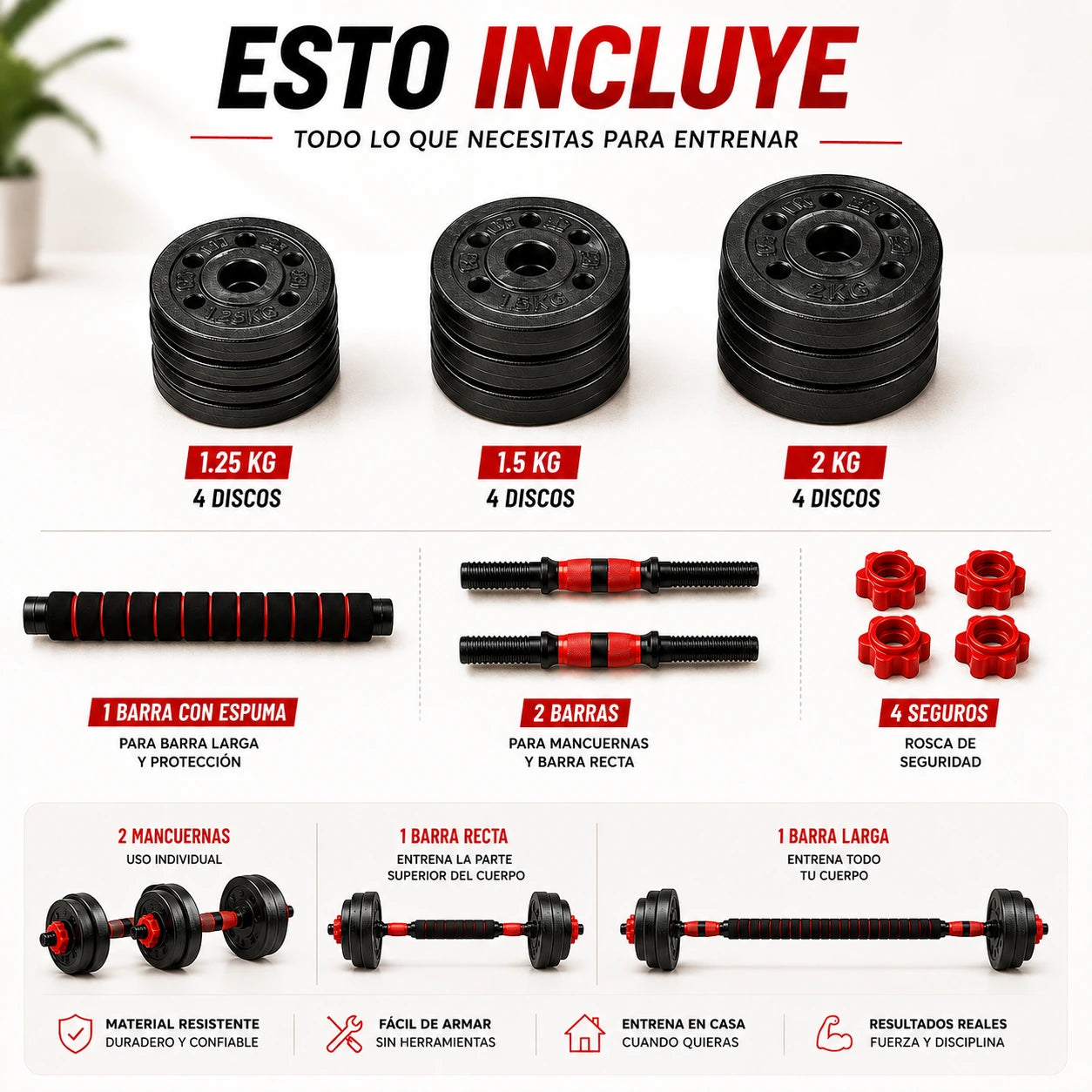 Equipo de Pesas Ajustable 3 en 1 Mancuernas, Barra Recta y Barra Larga con 12 Discos Ejercicio en Casa
