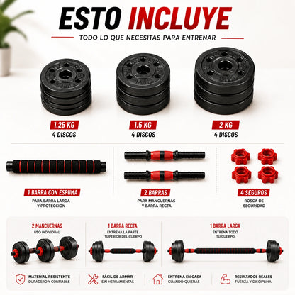 Equipo de Pesas Ajustable 3 en 1 Mancuernas, Barra Recta y Barra Larga con 12 Discos Ejercicio en Casa